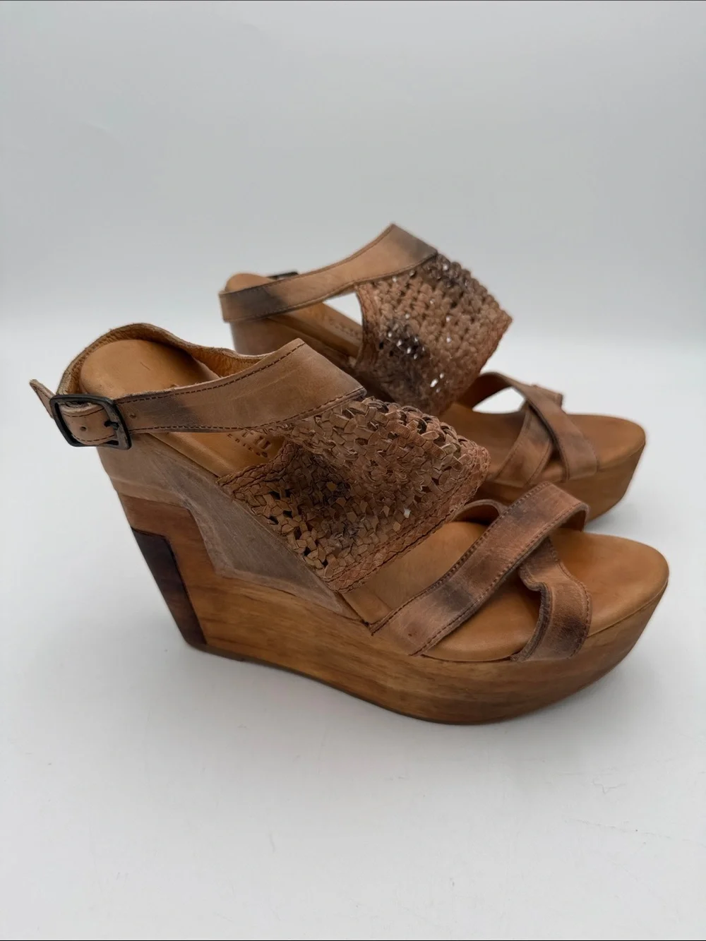 Anthropologie Bed Stu Petra Woven Leather Platform Wedge Sandals 11 Brown  Y2K